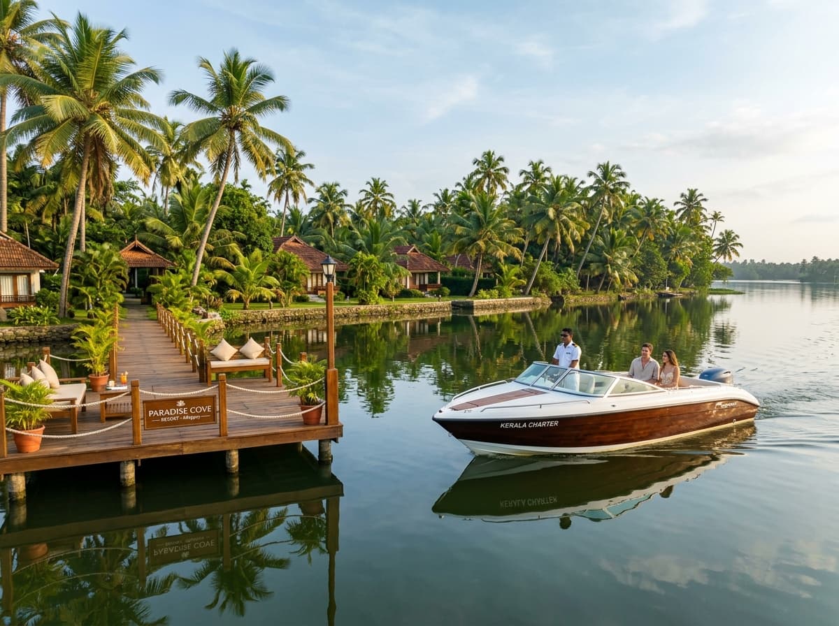 Speedboat arriving on Punnamada Lake Alleppey