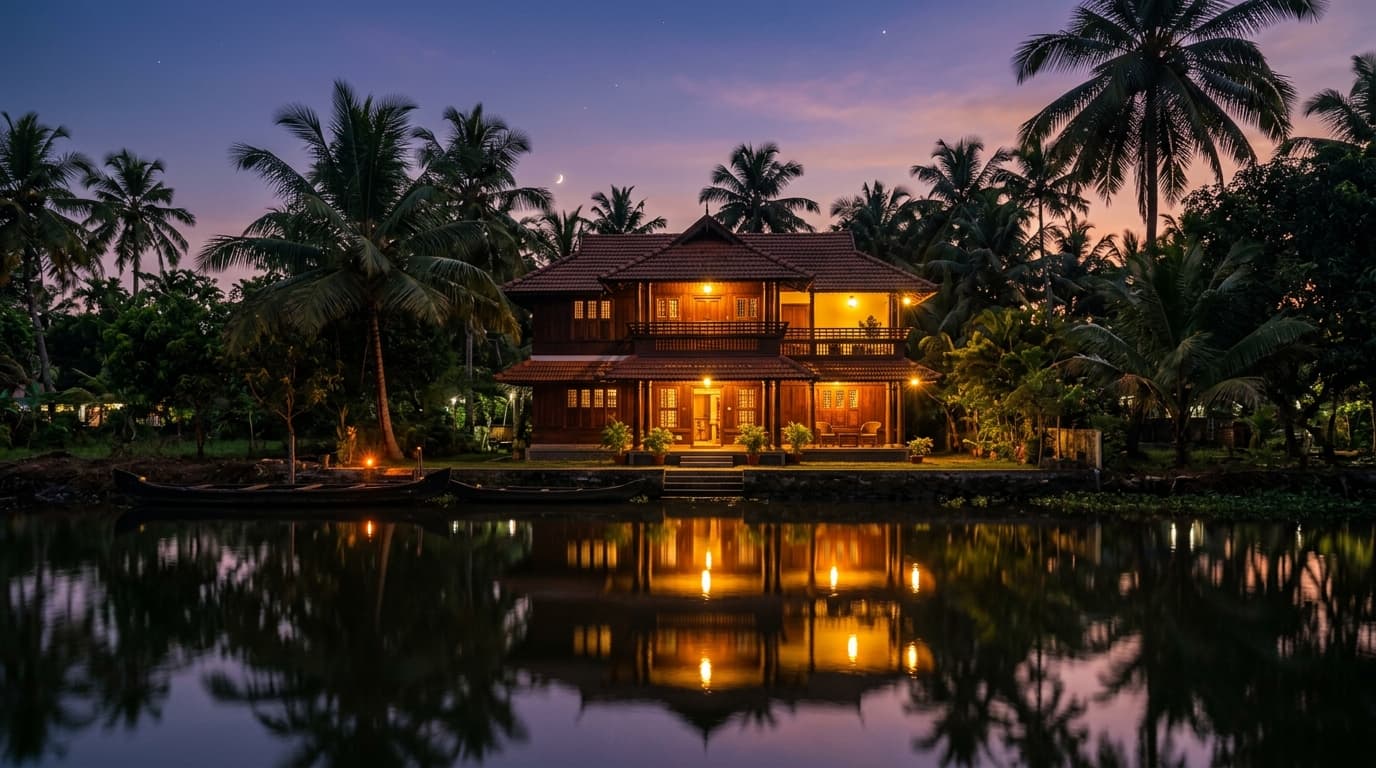 Zen Homestay Kerala waterfront at dusk with lake reflections Alleppey