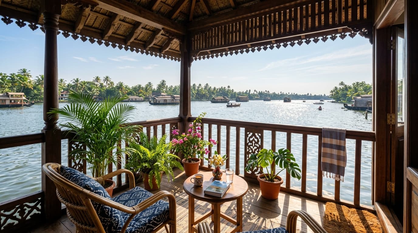 Wooden veranda balcony overlooking Punnamada Lake - Zen Homestay Alleppey