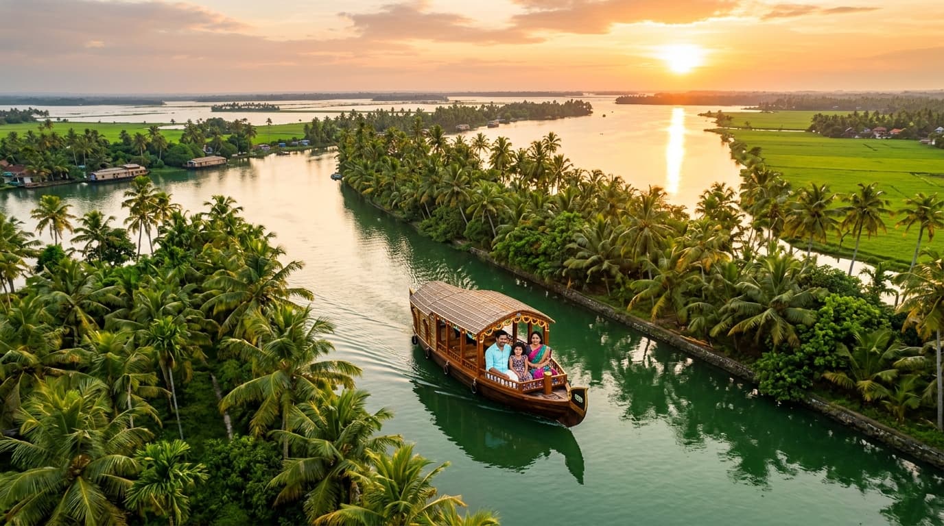 Shikara boat gliding through Alleppey backwaters at golden hour — Punnamada Lake itinerary