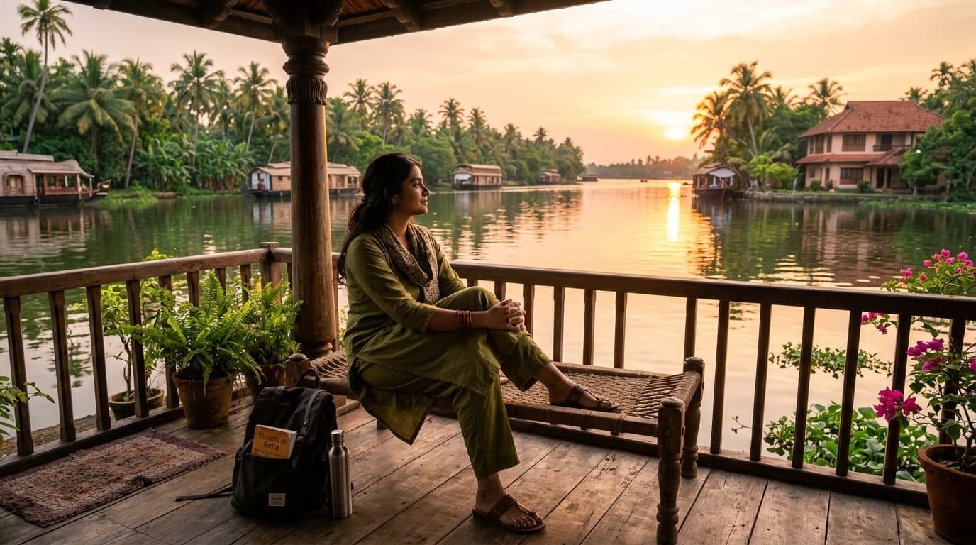 Solo female traveller on a lakefront veranda overlooking Alleppey backwaters at golden hour